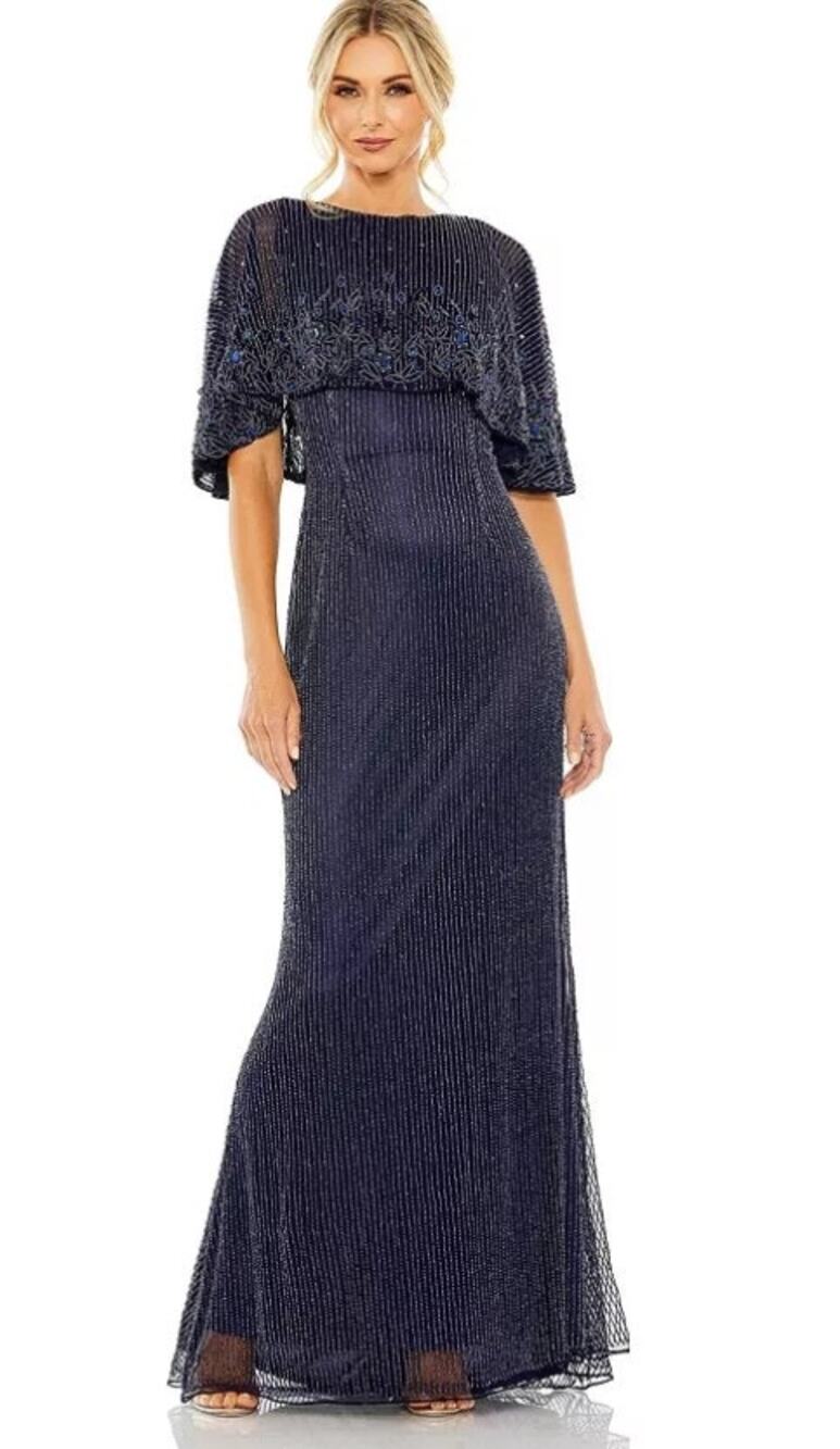 MAC DUGGAL High Neck Column Beaded Gown w/ Cape Size 12 Blue Formal Dress
